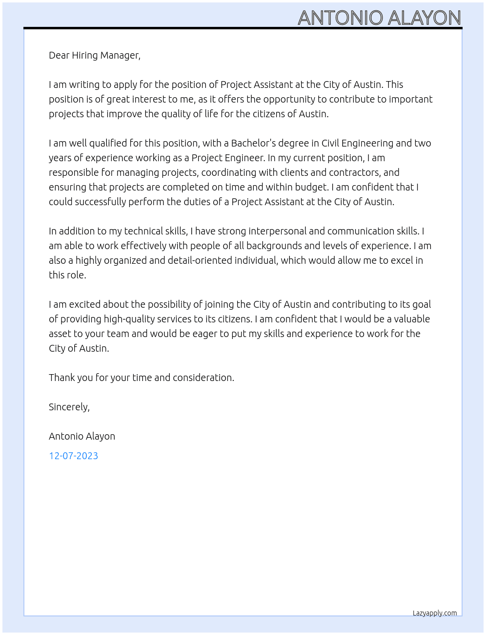 Project Assistant At City of Austin Cover Letter