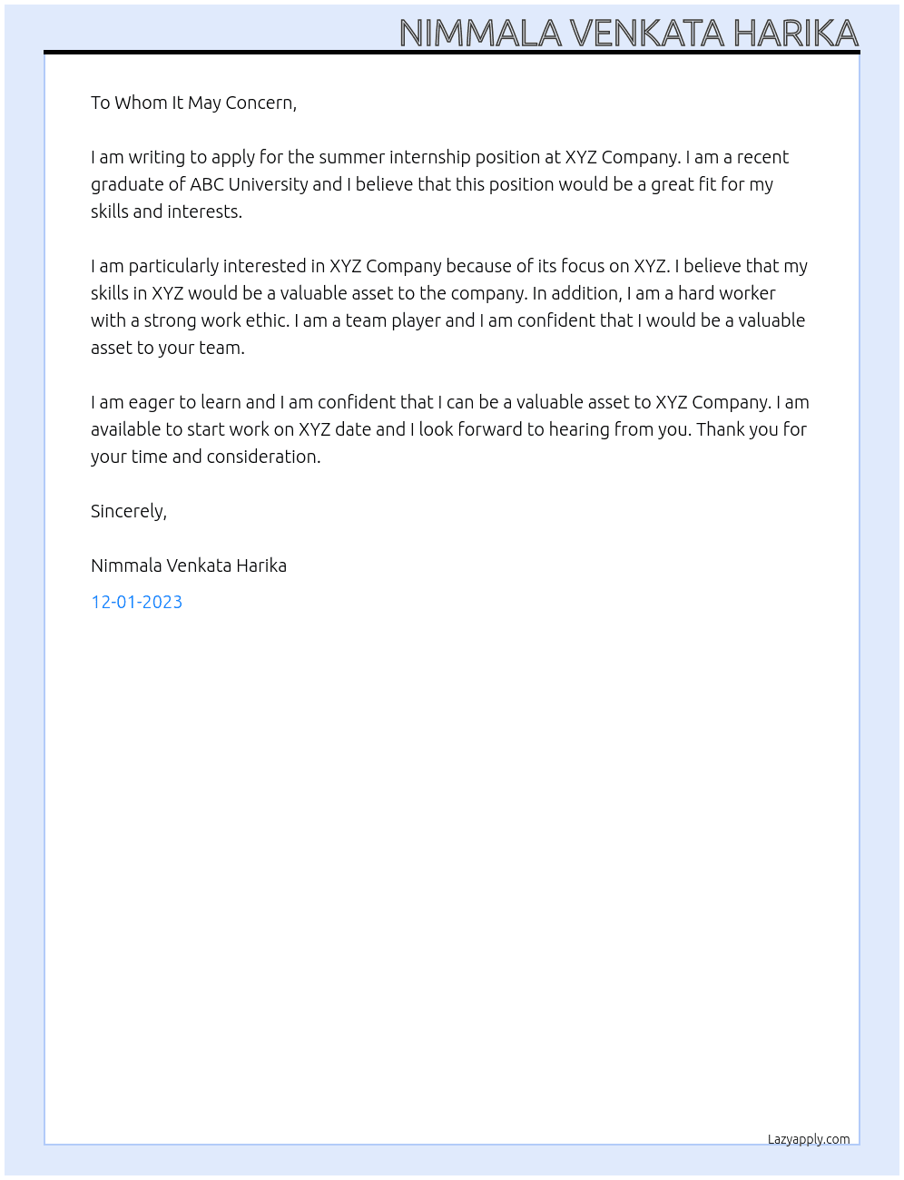 summer internship At XYZ Company Cover Letter