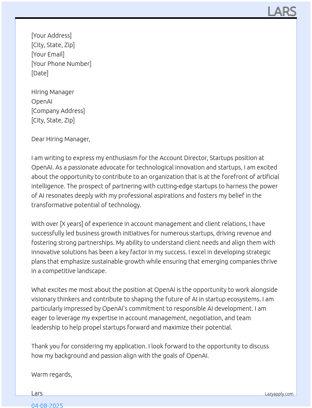 Cover letter for account director, startups - LazyApply