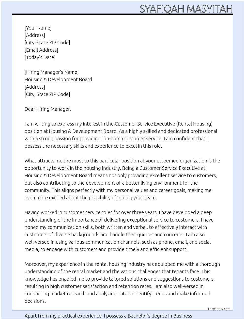 Customer Service Executive (Rental Housing) At Housing & Development Board Cover Letter