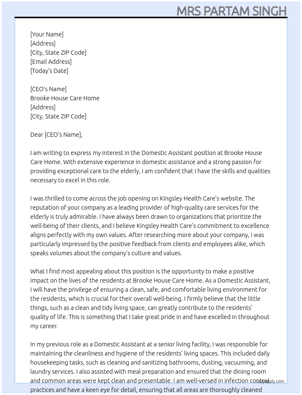 Domestic Assistant,Brooke house care Home  At Kingsley health care  Cover Letter
