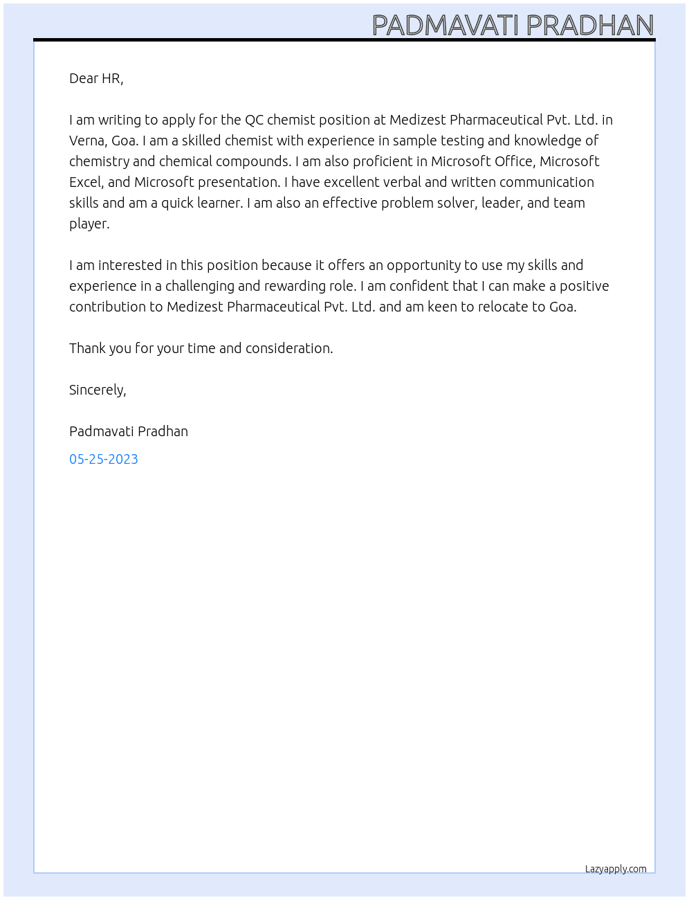 Qc chemist  At Medizest Pharmaceutical Pvt. Ltd. - Verna, Goa Cover Letter
