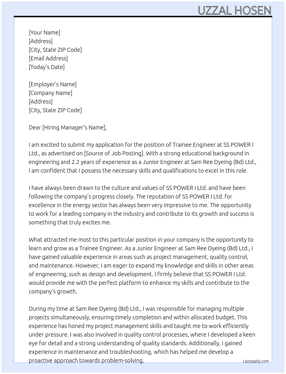 Application for the post of trainee engineer  At SS POWER I Ltd. Cover Letter