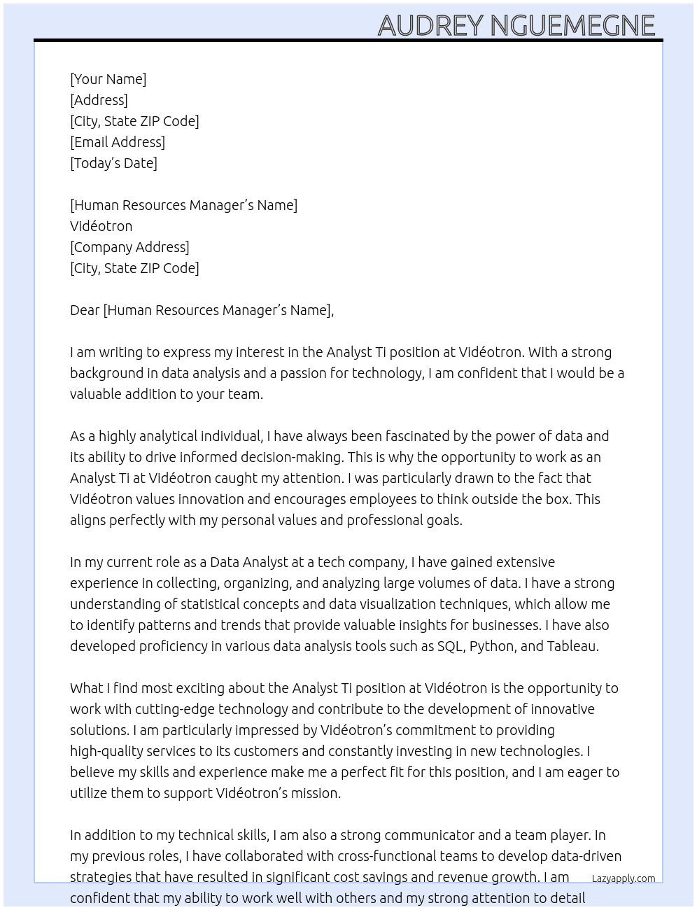 Analyst Ti At Vidéotron Cover Letter