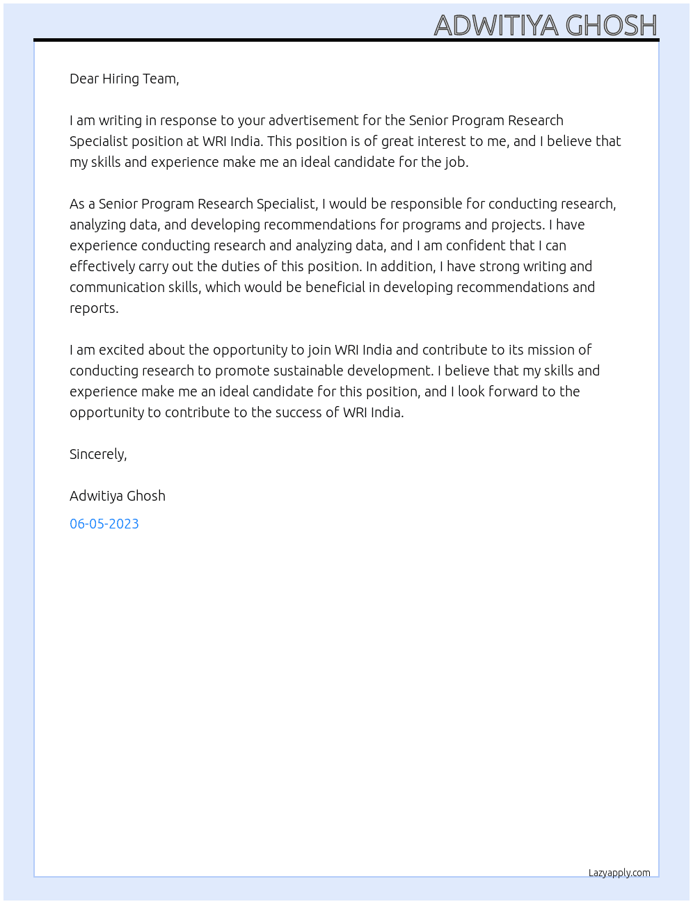 Senior Program Research Specialist  At WRI India Cover Letter