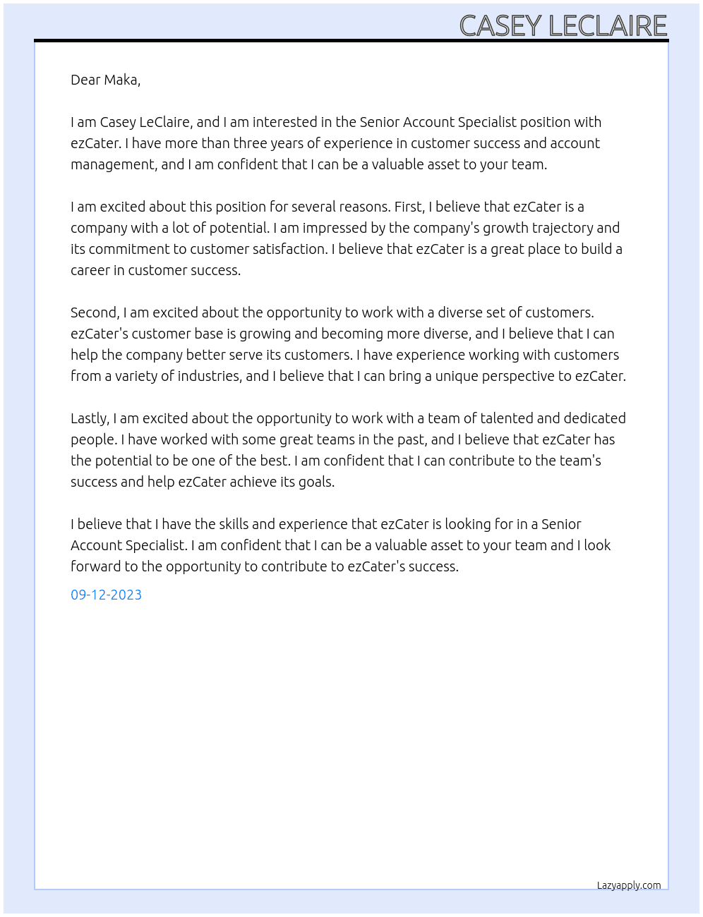 Senior Account Specialist At ezCater Cover Letter