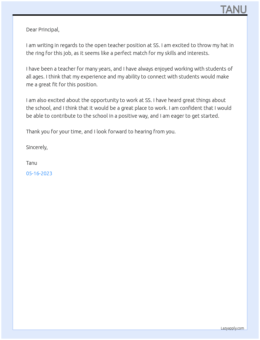 TEACHER At SS Cover Letter