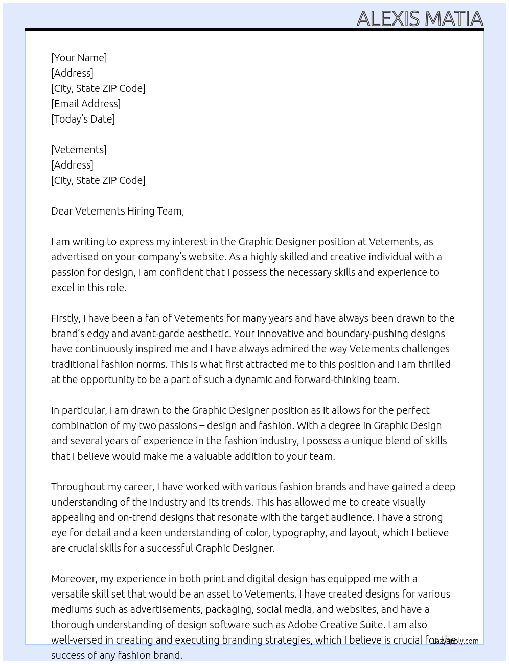 Graphic  Designer At Vetements Cover Letter