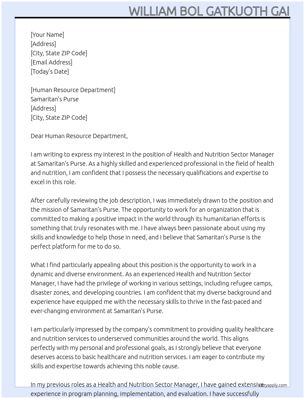 Health and Nutrition Sector Manager At Samaritan's Purse  Cover Letter