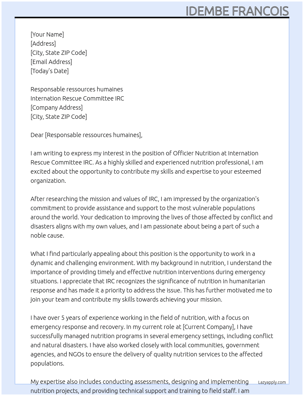 Officier Nutrition At Internation rescue committee IRC Cover Letter