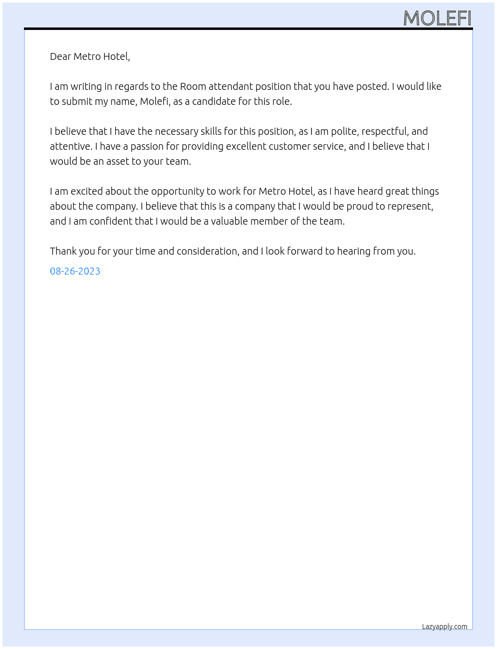 Room attendant At Metro Hotel Cover Letter