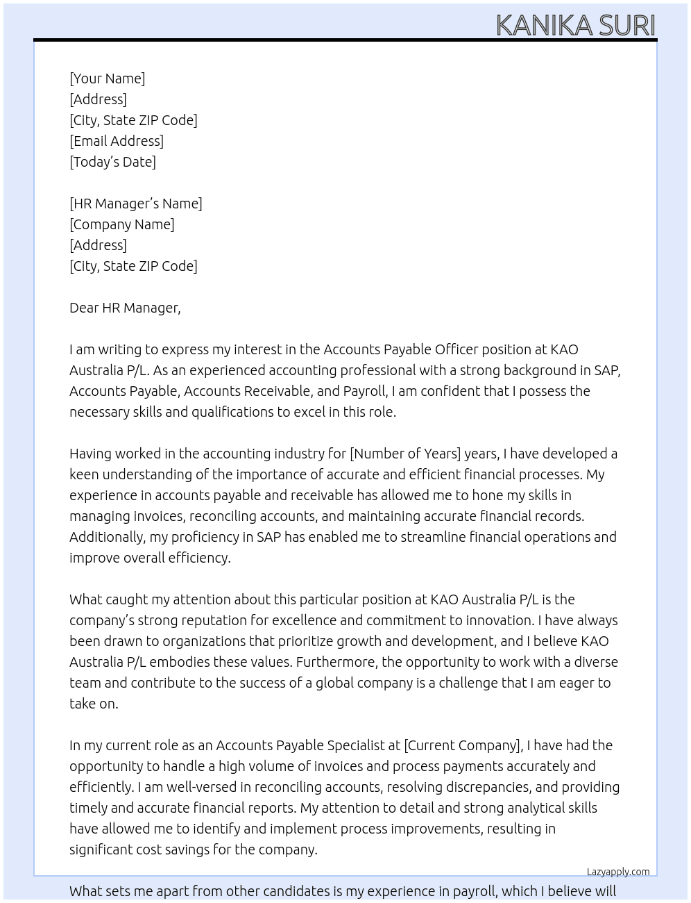 accounts payble officer At KAO aUSTRALIA P/L Cover Letter
