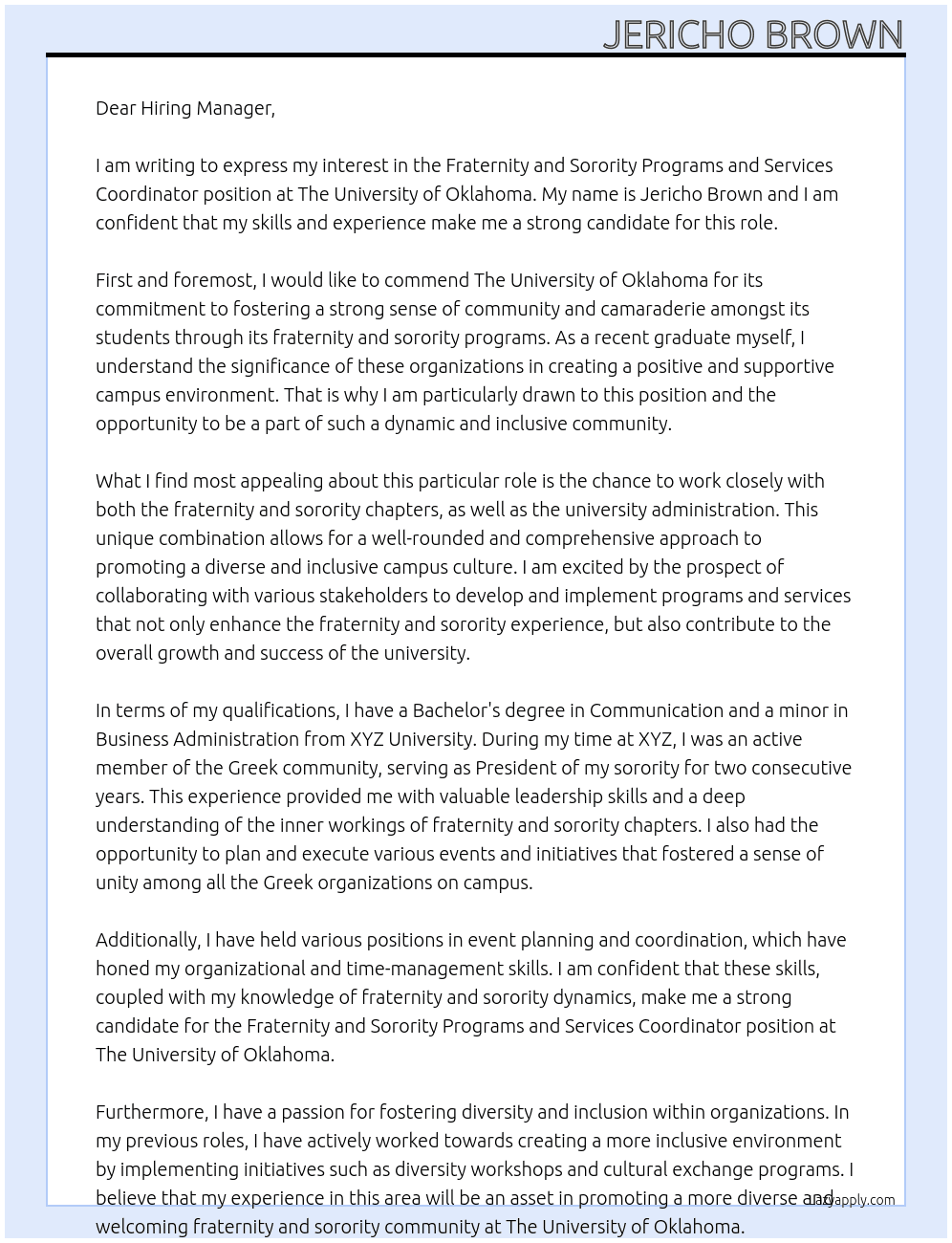 Fraternity and Sorority Programs and Services Coordinator  At The University of Oklahoma Cover Letter