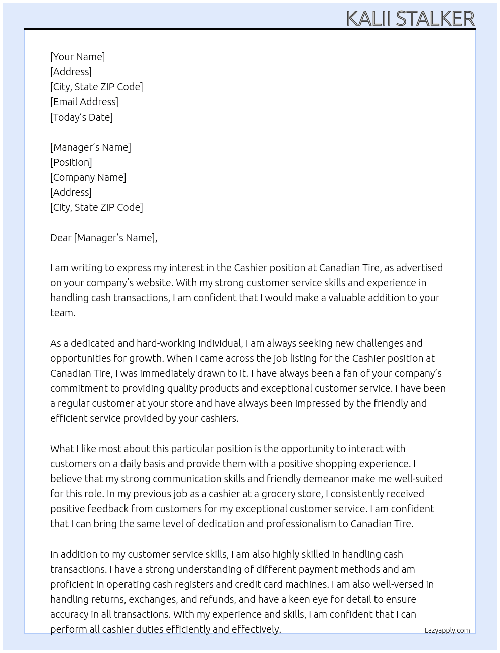 Cashier At Canadian Tire Cover Letter