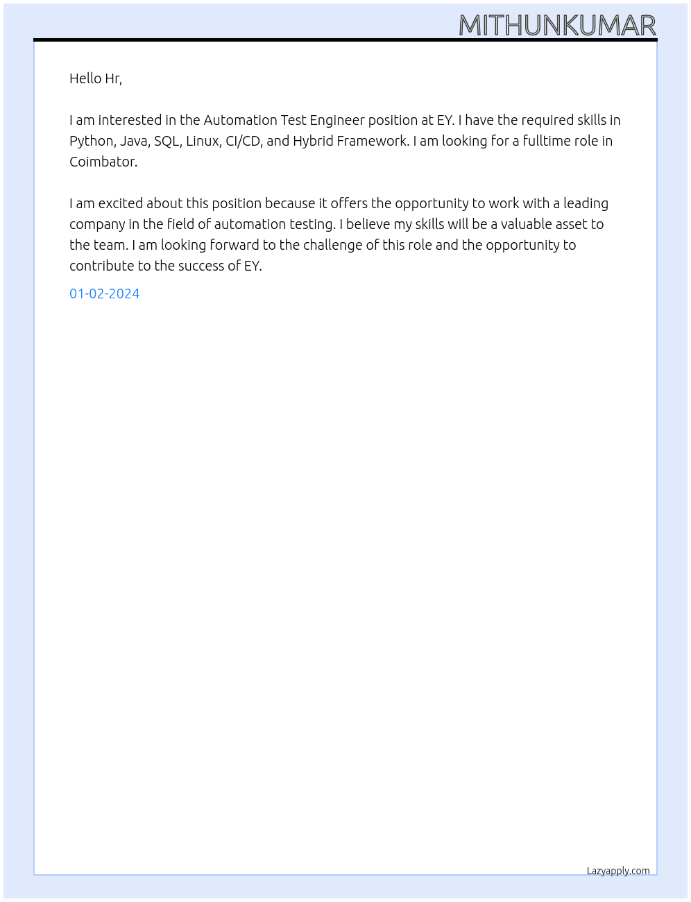 Automation Test Engineer At EY Cover Letter