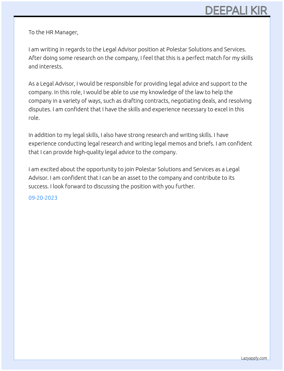Legal Advisor  At Polestar Solutions and Services Cover Letter