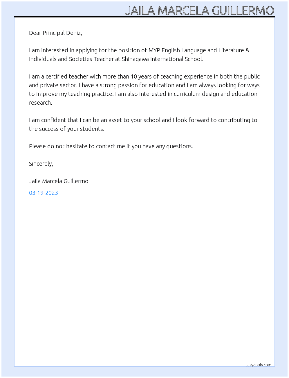 MYP English Language and Literature & Individuals and Societies Teacher At Shinagawa International School  Cover Letter