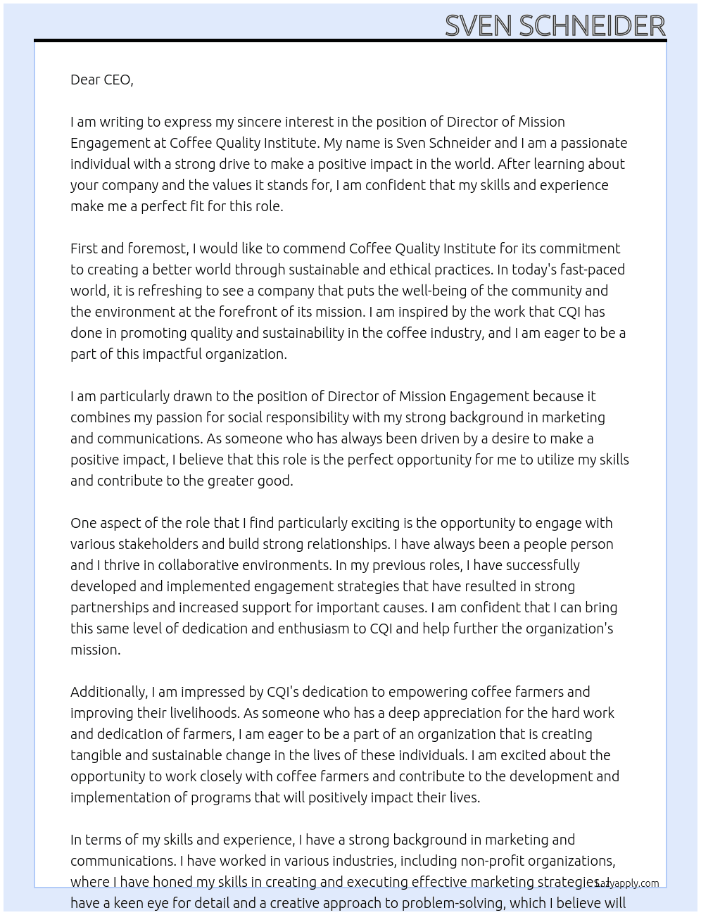 Director of Mission Engagement At Coffee Quality Institute  Cover Letter