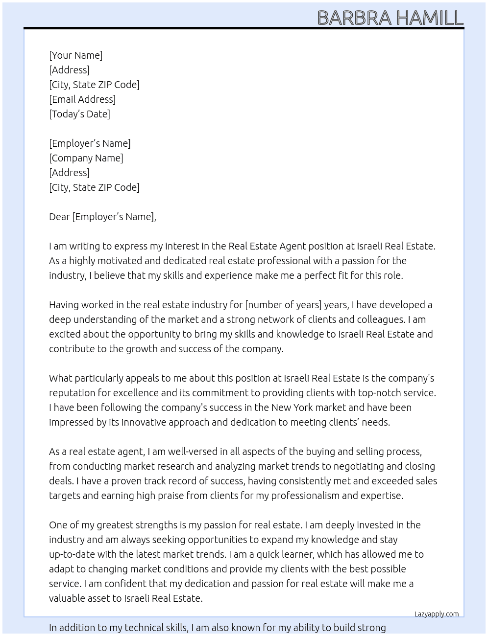Real Estate Agent At Israeli Real Estate Cover Letter
