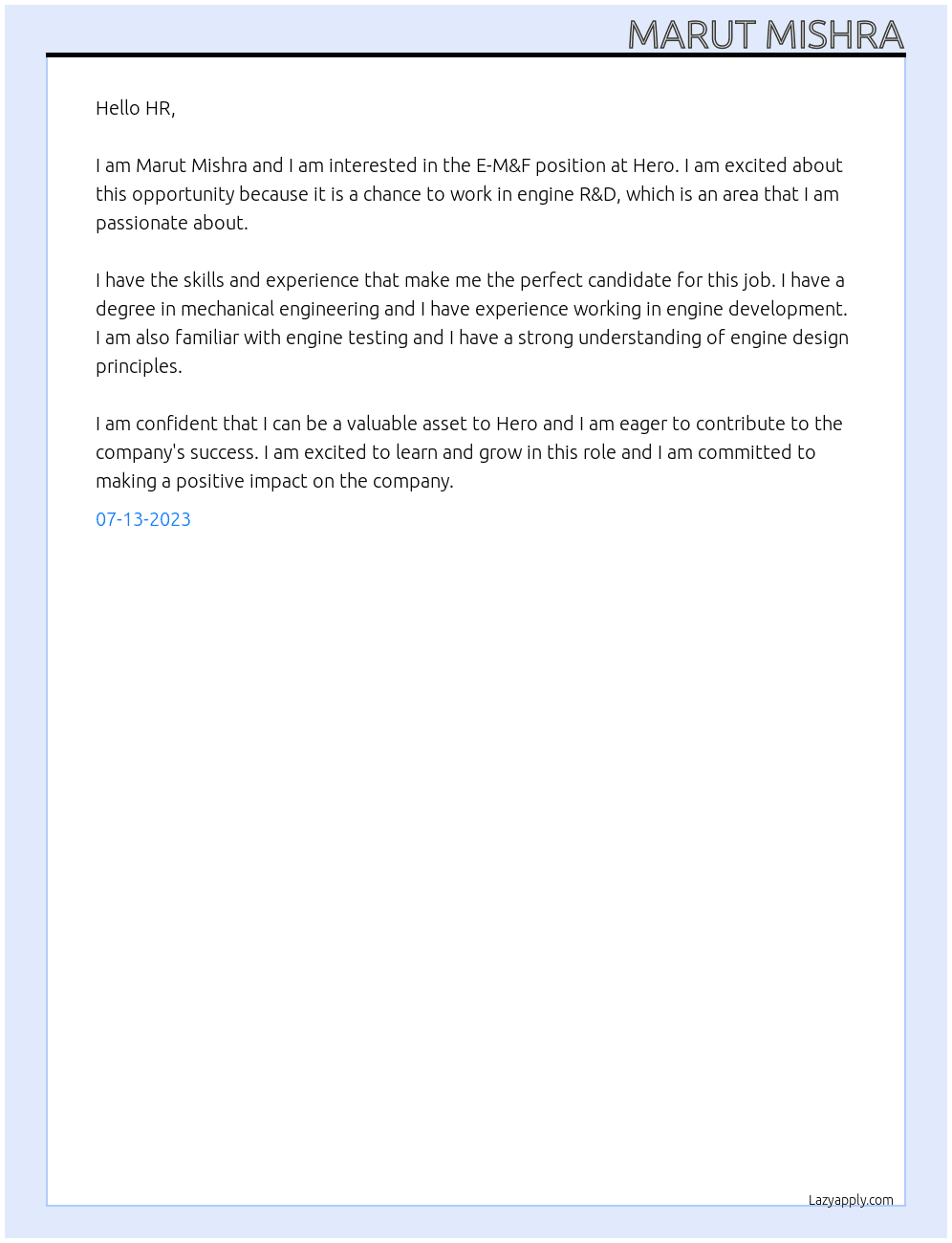 E-M&F(Engine R&D) At Hero Cover Letter