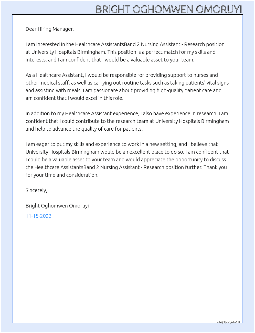 Healthcare AssistantsBand 2 Nursing Assistant - Research At University Hospitals Birmingham Cover Letter