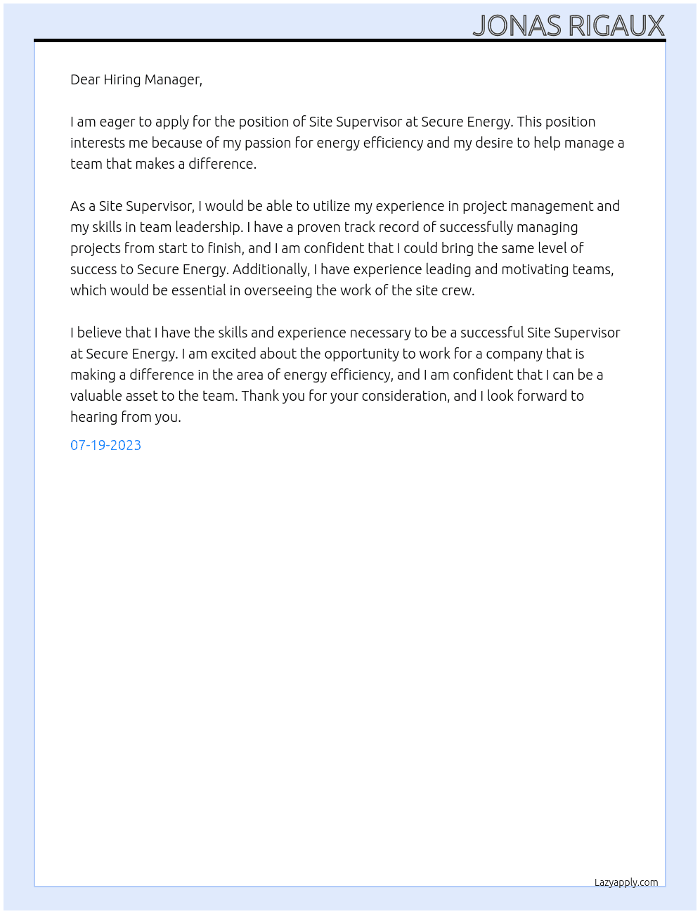Site Supervisor At Secure Energy Cover Letter