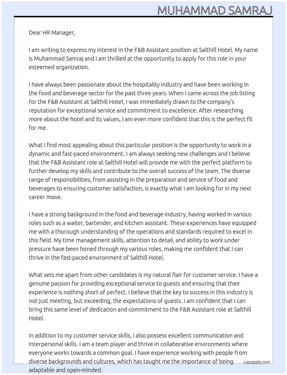 Cover letter for f&b assistant - LazyApply