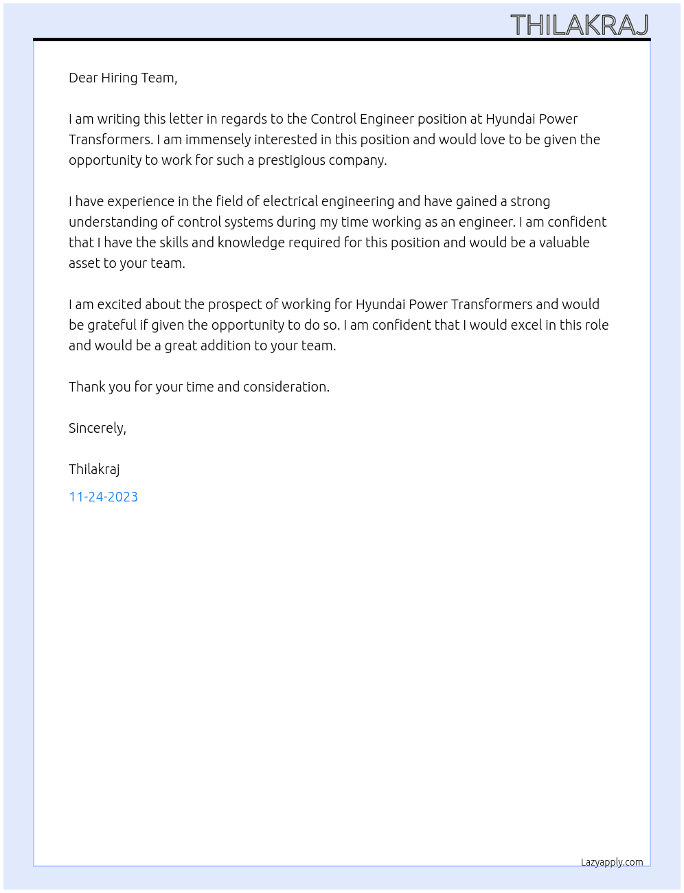 Control Engineer At Hyundai Power Transformers Cover Letter