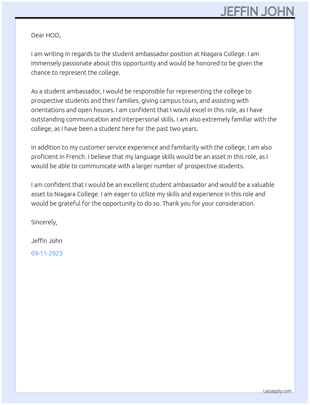 Student ambasador At Niagara College Cover Letter
