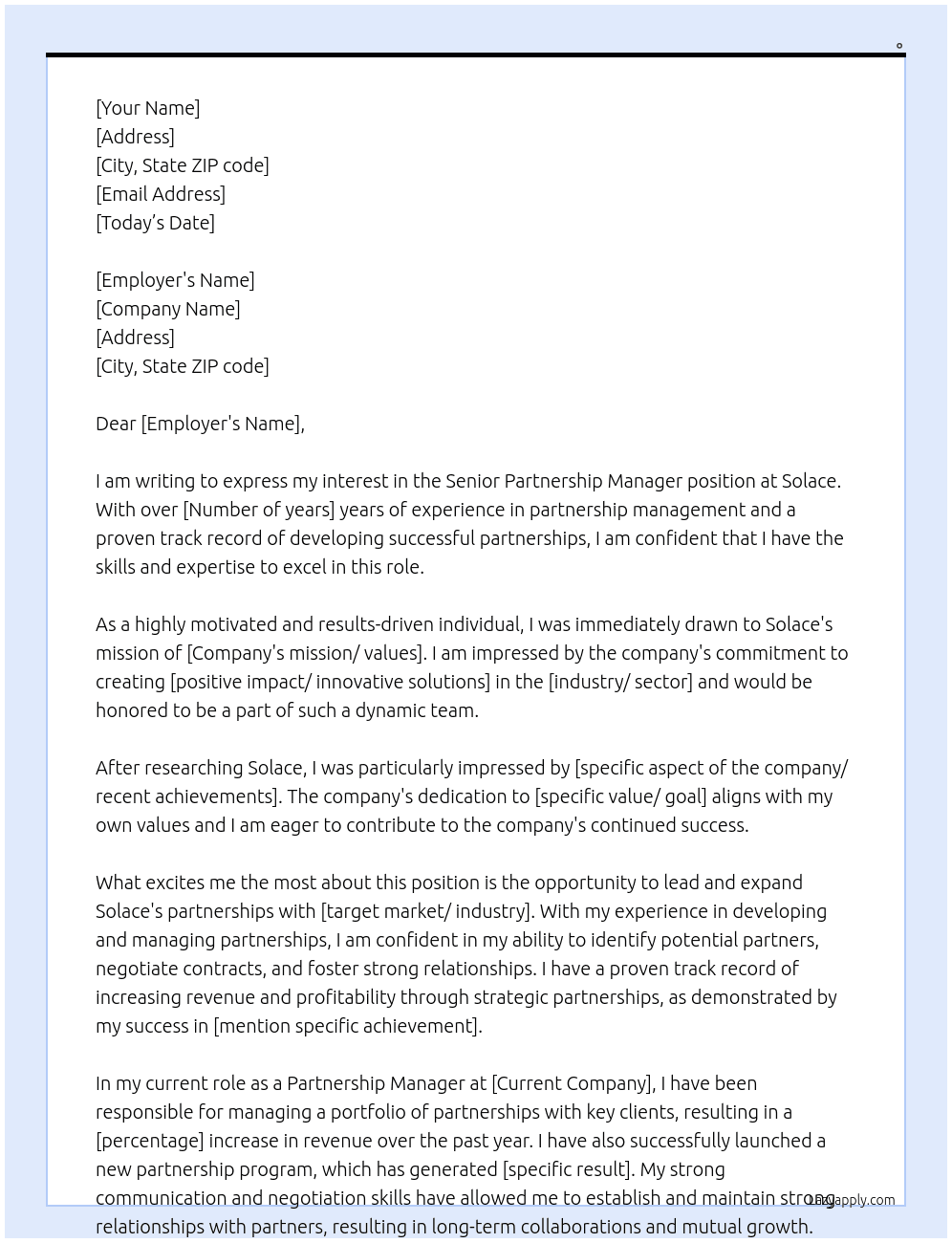 Senior Partnership Manager At solace Cover Letter