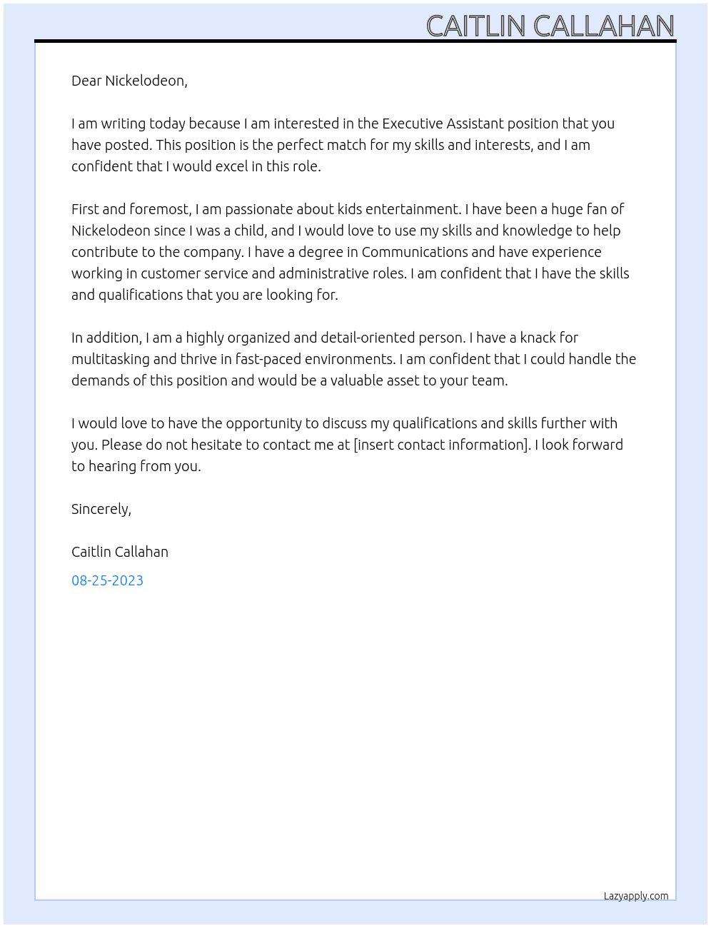 Executive Assistant At Nickelodeon Cover Letter