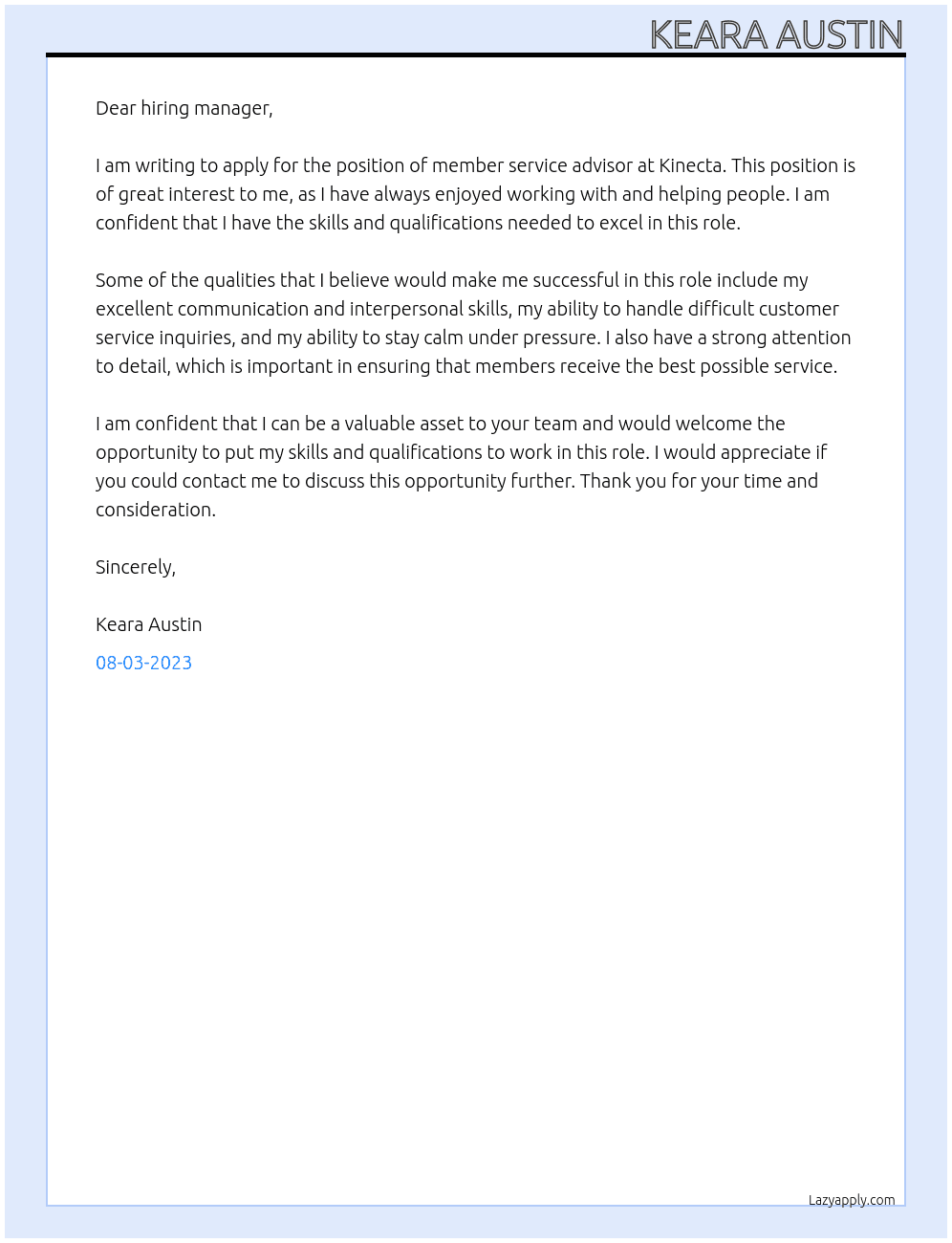 member service advisor At kinecta Cover Letter