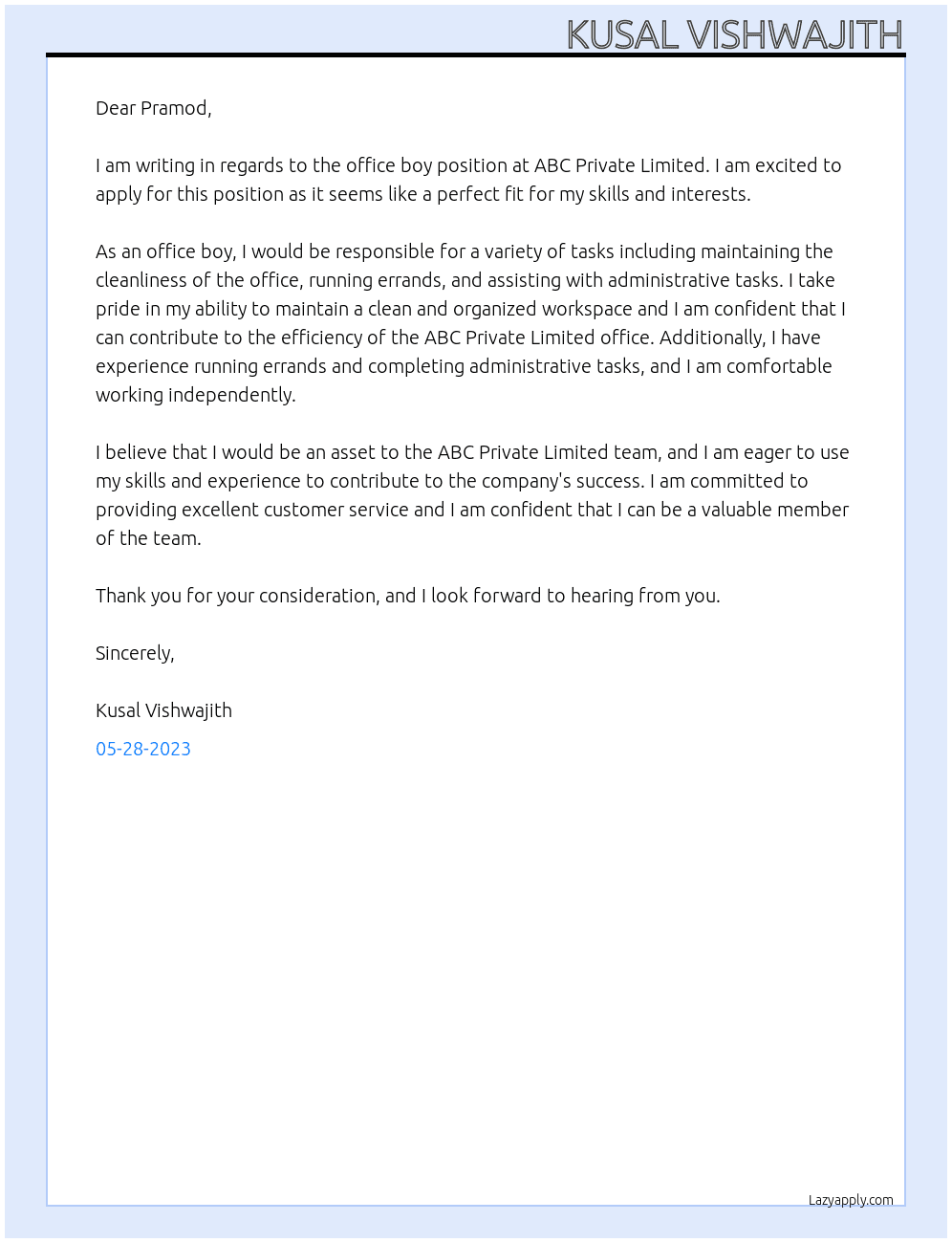 office boy At abc private limited Cover Letter