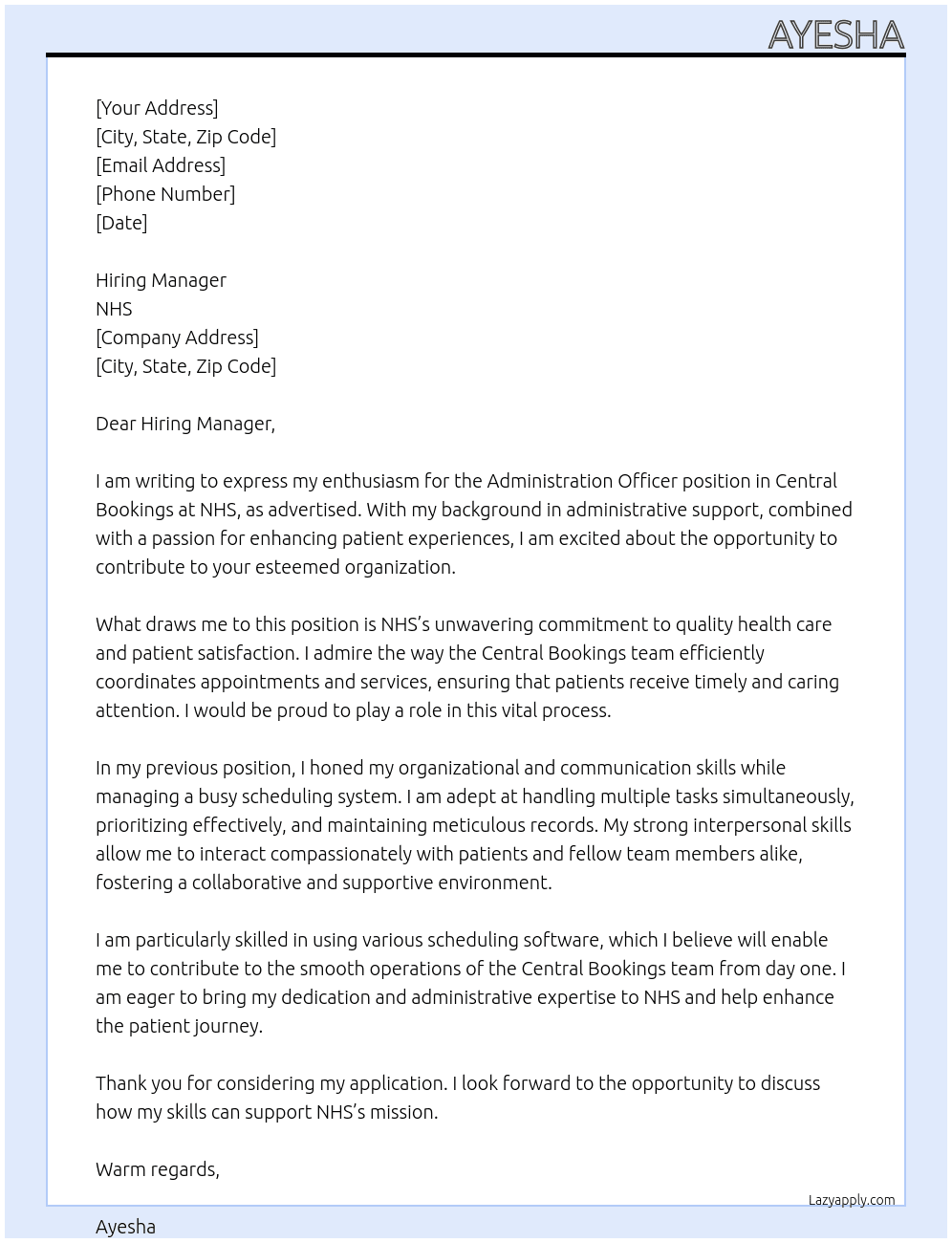 Cover letter for administration officer central bookings - LazyApply