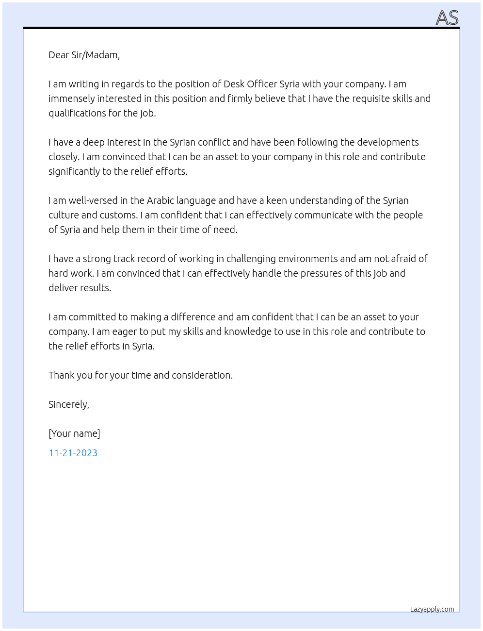 Desk Officer Syria At as Cover Letter
