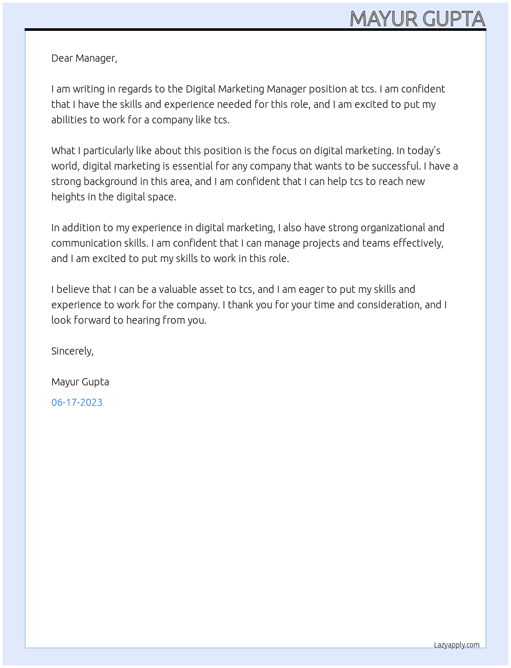 Digital Marketing Manager At tcs Cover Letter
