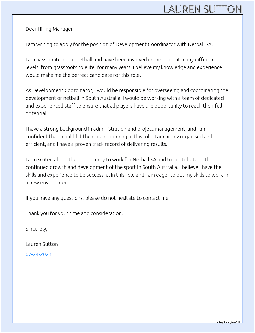 Development Coordinator At Netball SA Cover Letter
