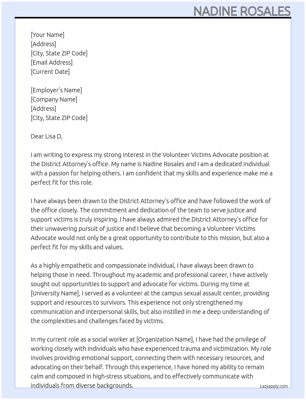 Volunteer Victims Advocate  At District Attorney Cover Letter