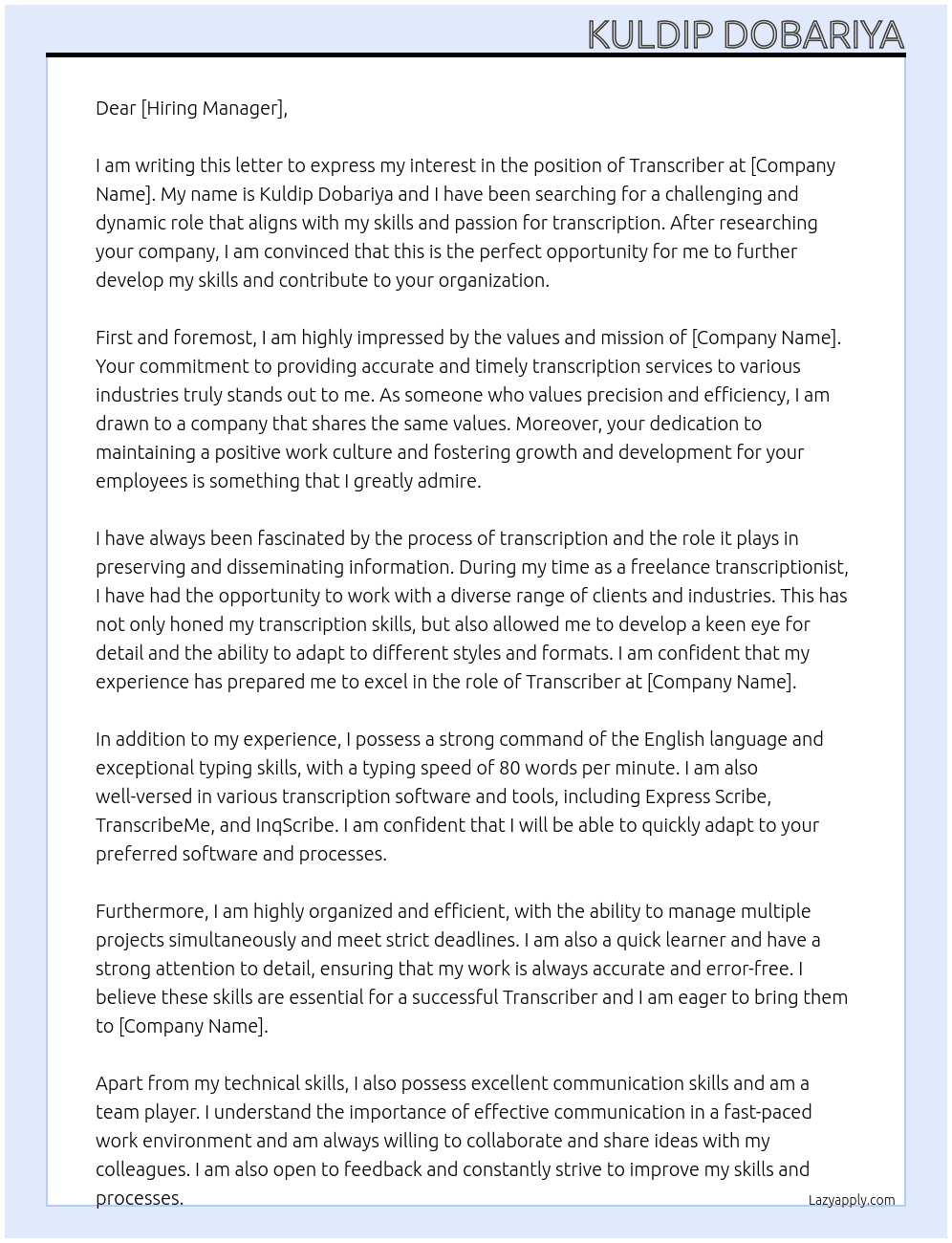 Transcribe At you Cover Letter