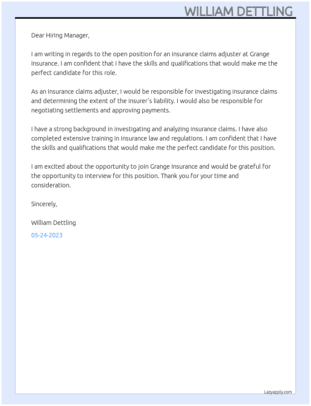 Insurance Claims Adjuster  At Grange Insurance  Cover Letter