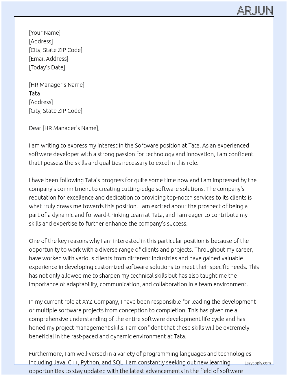 Software  At Tata Cover Letter