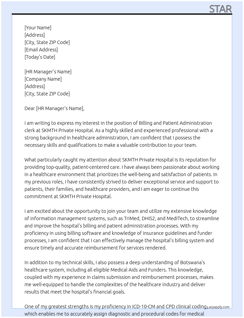 Billing and Patient Administration clerk At SKMTH Private hospital Cover Letter