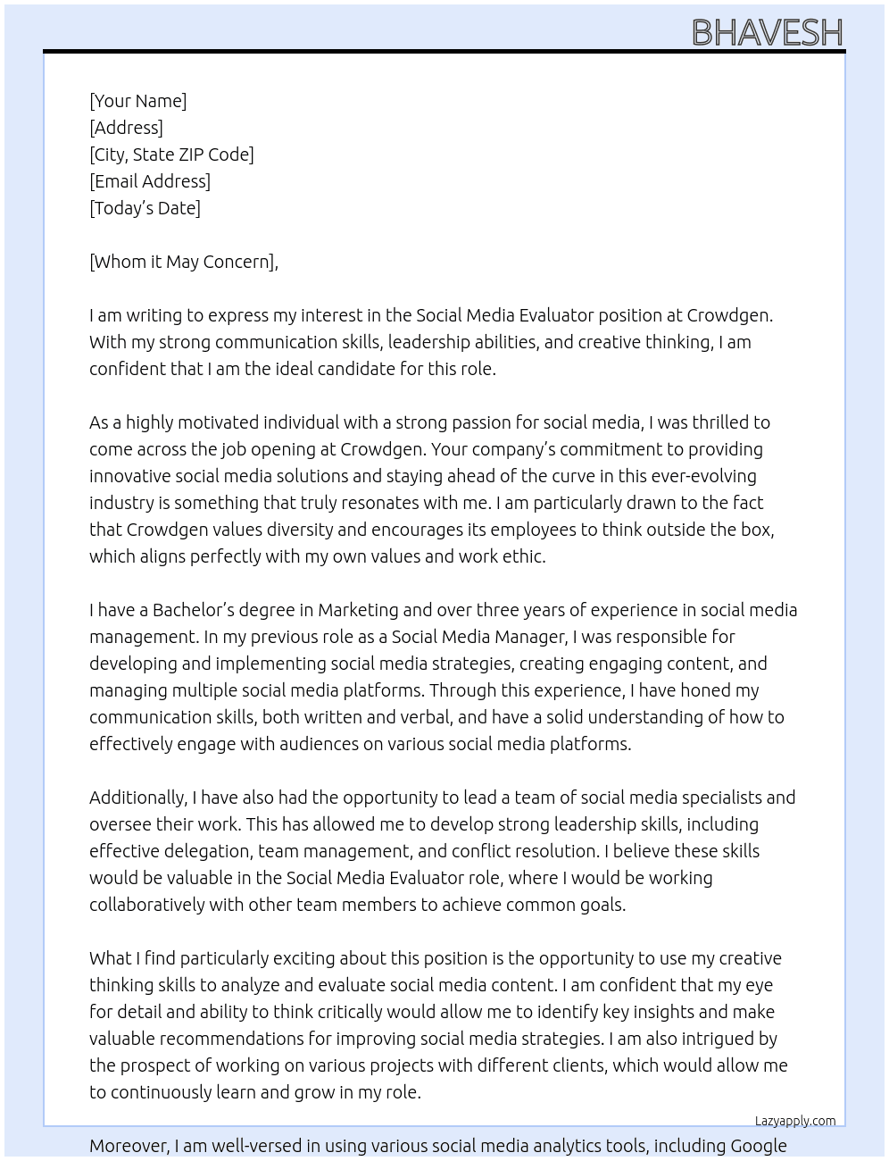 Social media evaluator  At Crowdgen Cover Letter