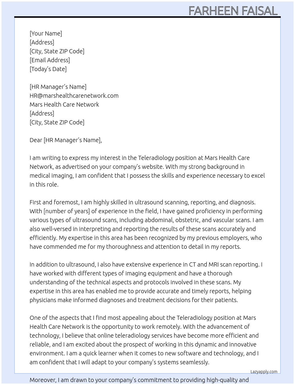 Teleradiology At Mars Health care network  Cover Letter