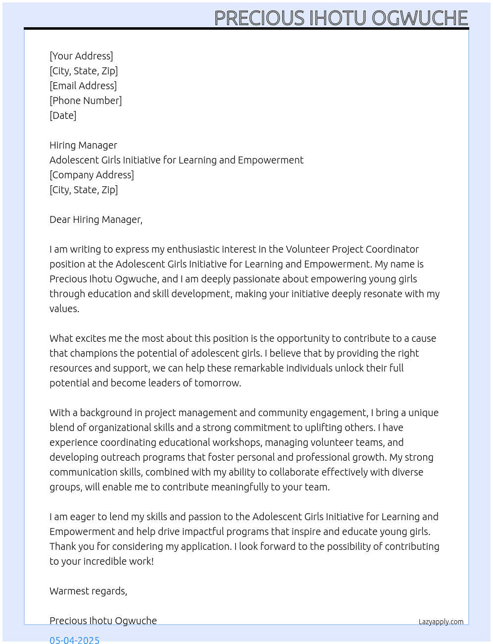 Volunteer  At Adolescent Girls Initiative for Learning and Empowerment  Cover Letter
