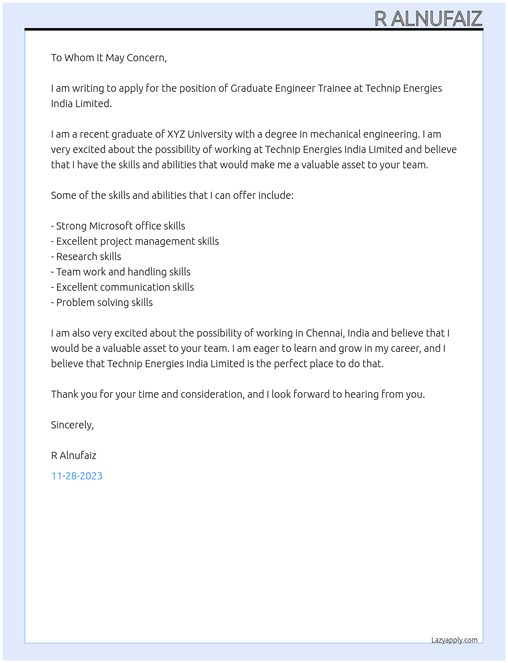 Graduate Engineer Trainee At Technip Energies India Limited Cover Letter