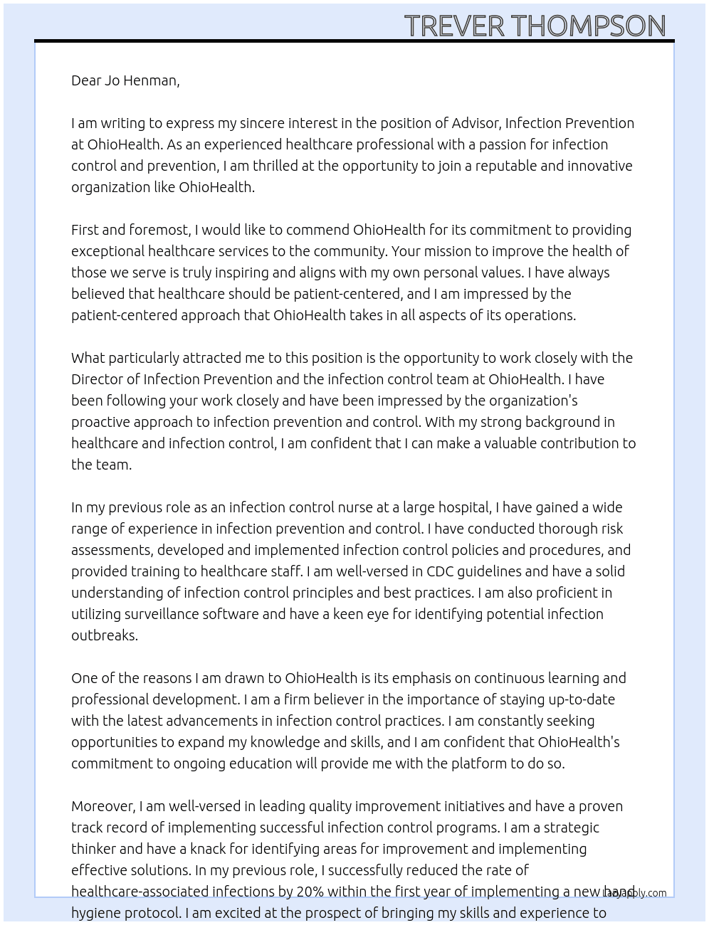 Advisor, Infection Prevention At OhioHealth Cover Letter