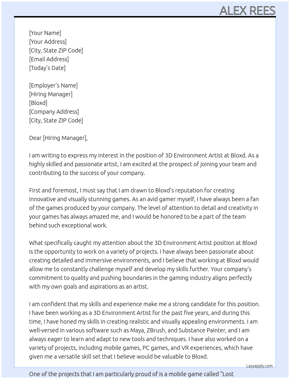 3d environment artist At bloxd Cover Letter