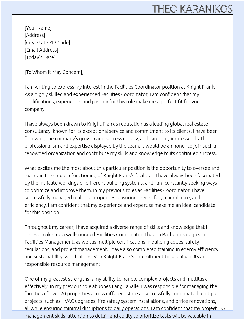 Facilities Coordinator At Knight Frank Cover Letter