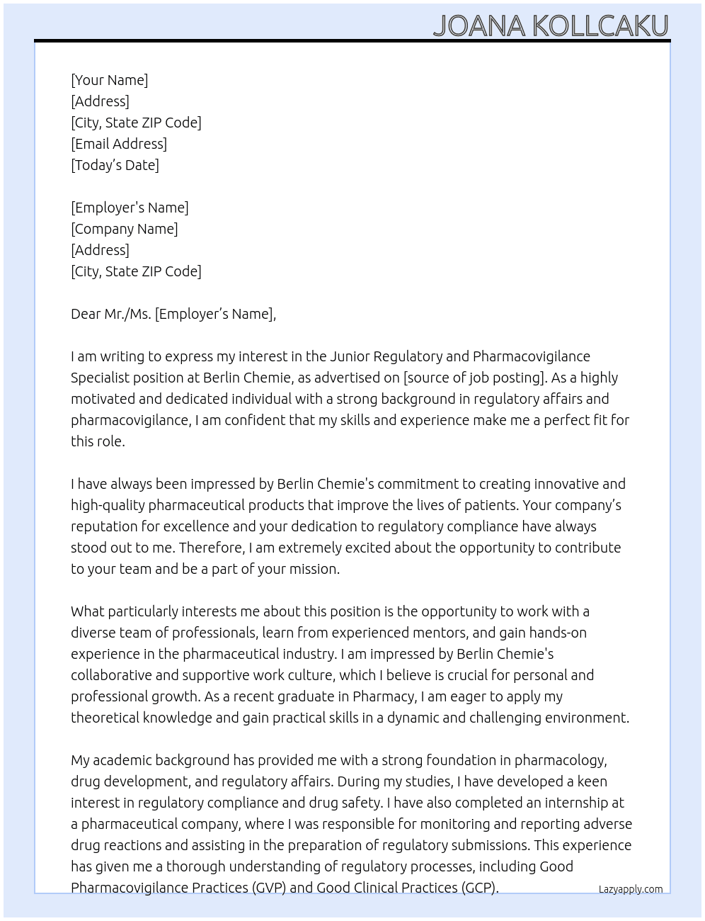 Junior Regulatory and Pharmacovigilance Specialist At Berlin Chemie Cover Letter